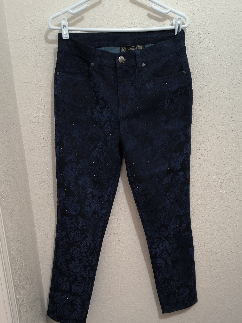 DG2 Dark Navy Floral Print Embossed Slim Jeans with Subtle Shiny Glittery Studs